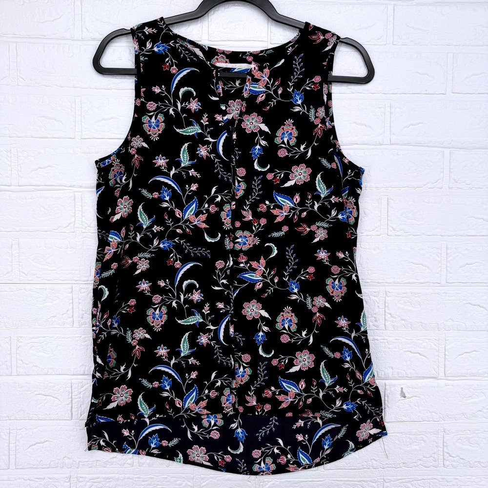 C&E Floral Sleeveless Top Women Size S Black Split Neck High Low Casual Blouse